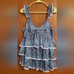 NWT Cecico Brand Blue Floral Tiered Lace Top Size Large